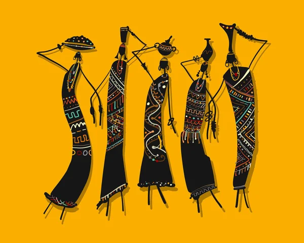 Mulheres africanas com jarros, esboço ornamentado para o seu projeto — Vetor de Stock