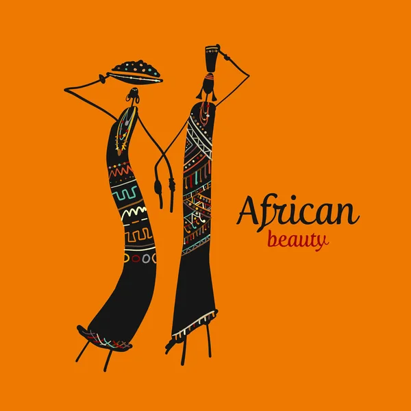 Mujeres africanas con jarras, boceto adornado para su diseño — Vector de stock