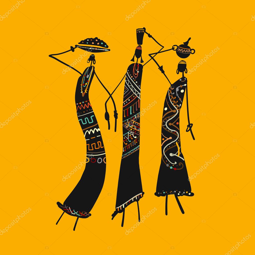 African women with jugs, ornate sketch for your design. Vector illustration