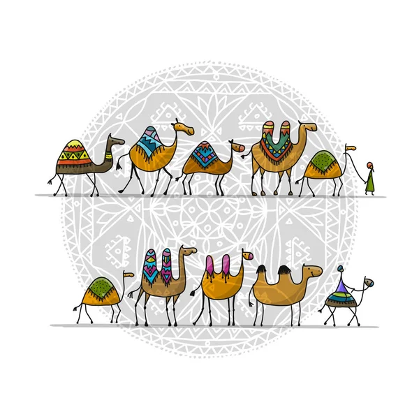 Camellos caravana, boceto para su diseño — Vector de stock