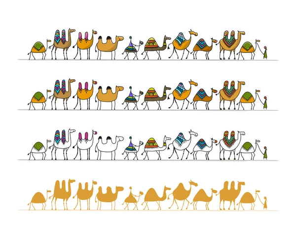 Camellos caravana, boceto para su diseño — Vector de stock