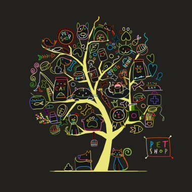 Evde beslenen hayvan dükkan, sanat ağaç tasarımınız için