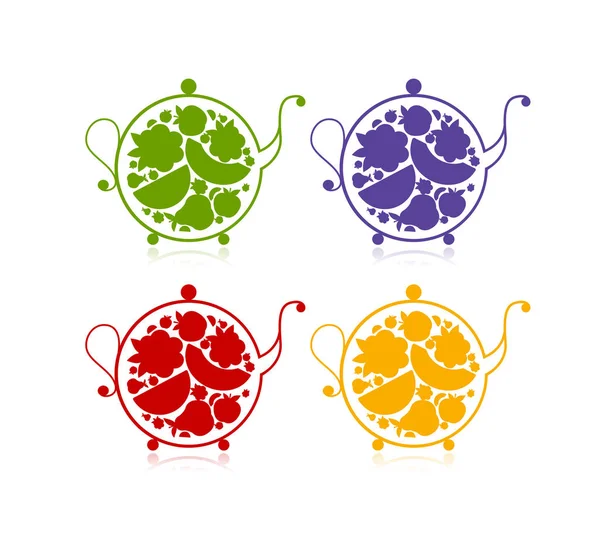 Theepot schets met fruit en bessen thee voor uw ontwerp — Stockvector