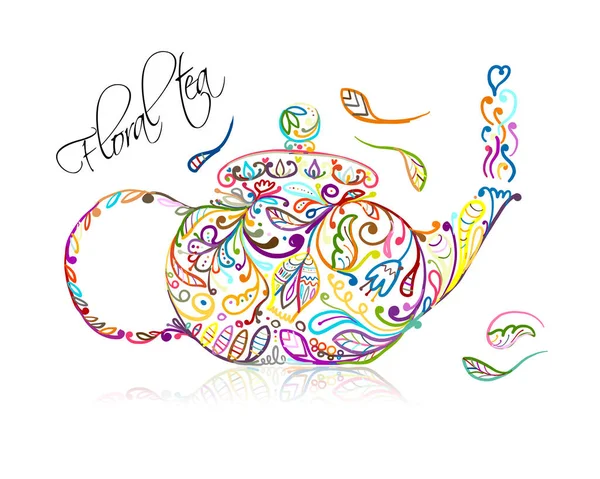 Teapot sketch with floral tea for your design — Stock Vector