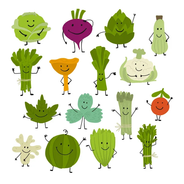 Graciosas verduras y verduras sonrientes, personajes para su diseño — Vector de stock