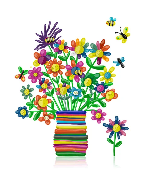 Floral bouquet in vase, plasticine sketch for your design — Stock Vector