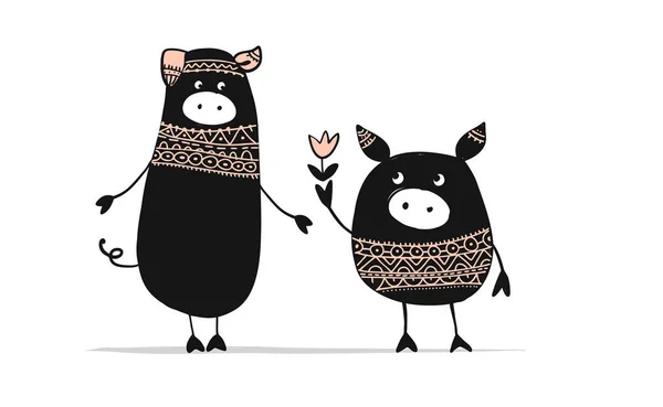 Χαριτωμένο ζευγάρι των χοίρων, σύμβολο του 2019 για το σχέδιό σας — Διανυσματικό Αρχείο