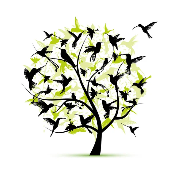 Hummingbird tree, sketch for your design — Stock Vector