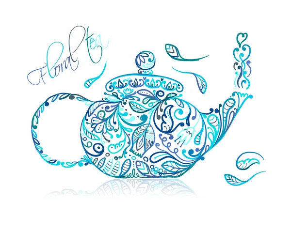 Tekanna skiss med blommigt te för din design — Stock vektor