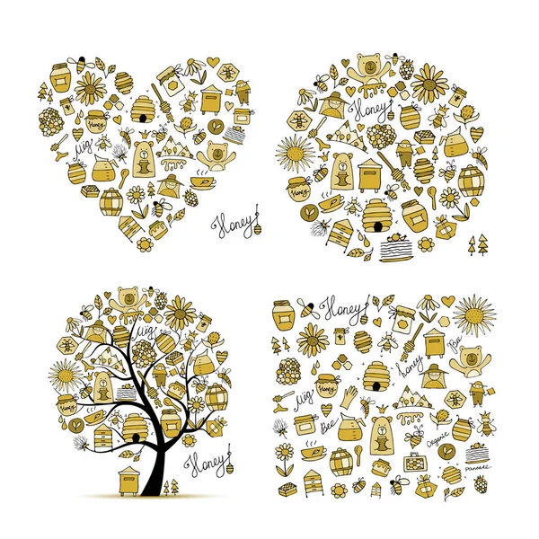 Conjunto de mel - quadro, árvore, coração. Esboço para o seu projeto —  Vetores de Stock