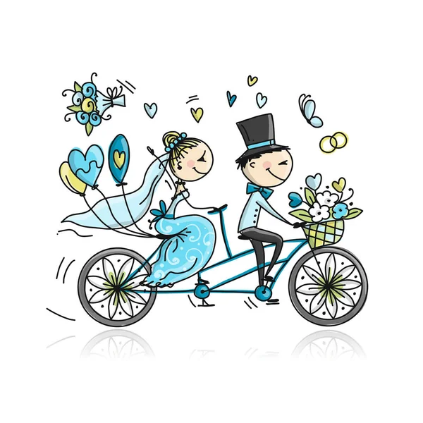 Wedding card design. Bride and groom riding on bicycle — Stock Vector