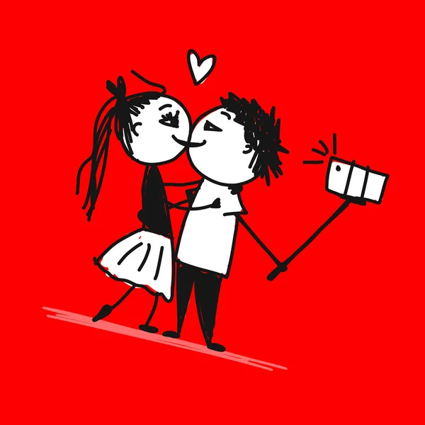 Couple amoureux faire des photos avec téléphone intelligent mobile en utilisant selfie — Image vectorielle