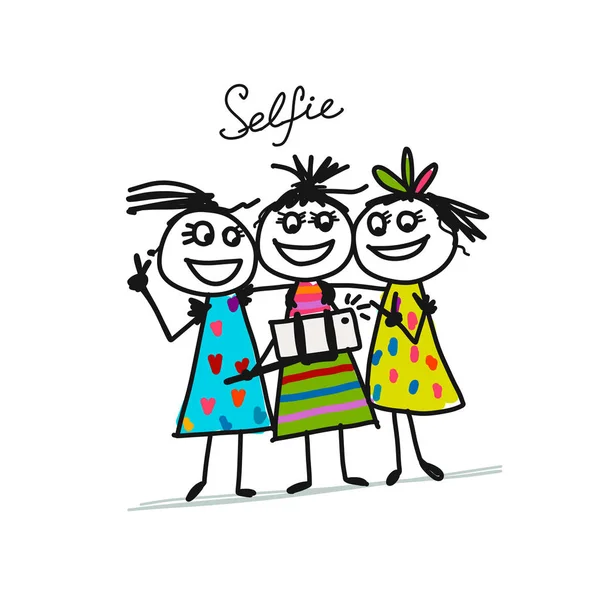 Meninas engraçadas fazer fotos com dispositivo de telefone inteligente móvel usando selfie — Vetor de Stock