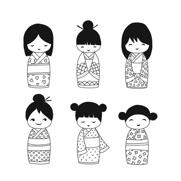 Colección de muñecas japonesas, boceto para su diseño — Vector de stock