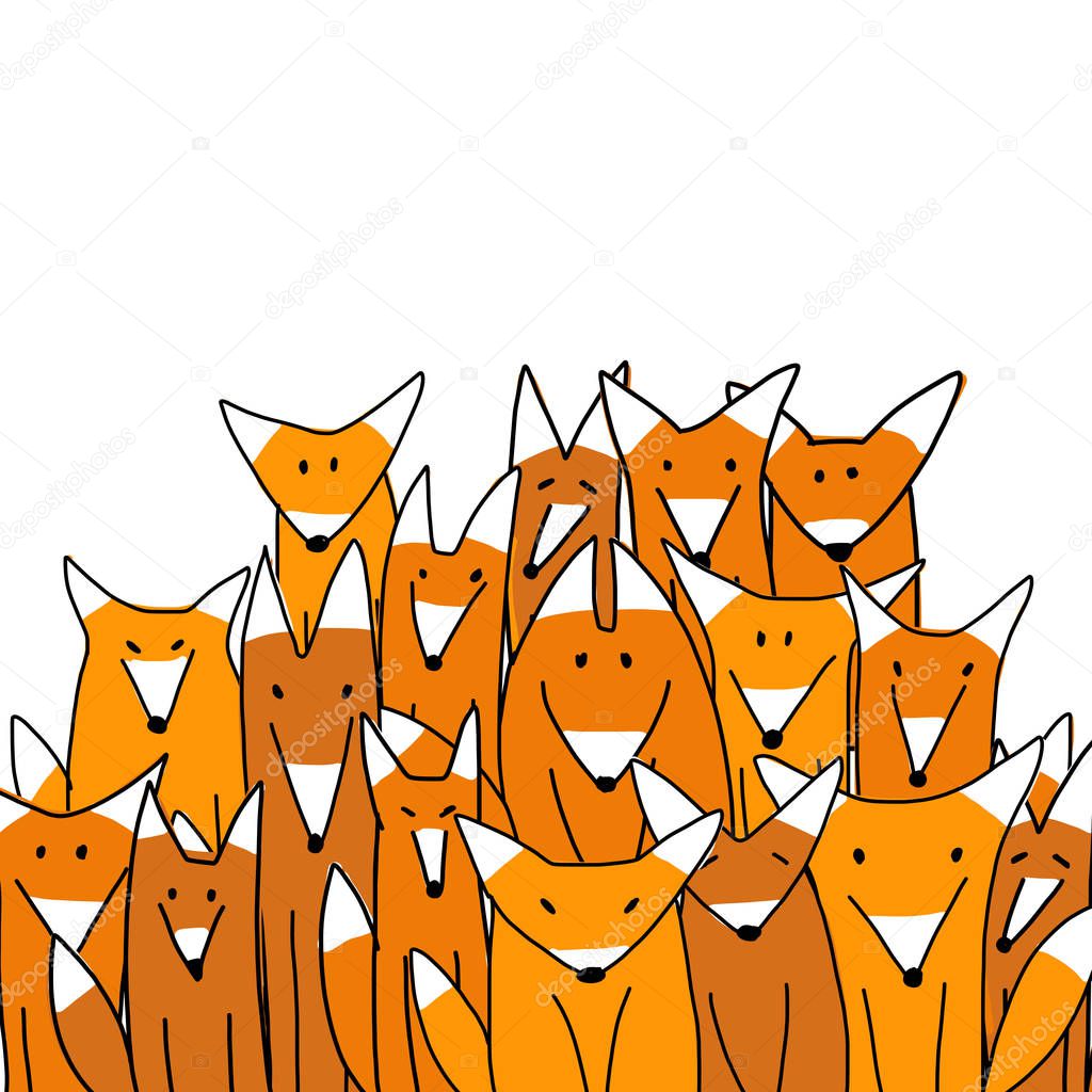 Foxes big family, sketch for your design. Vector illustration