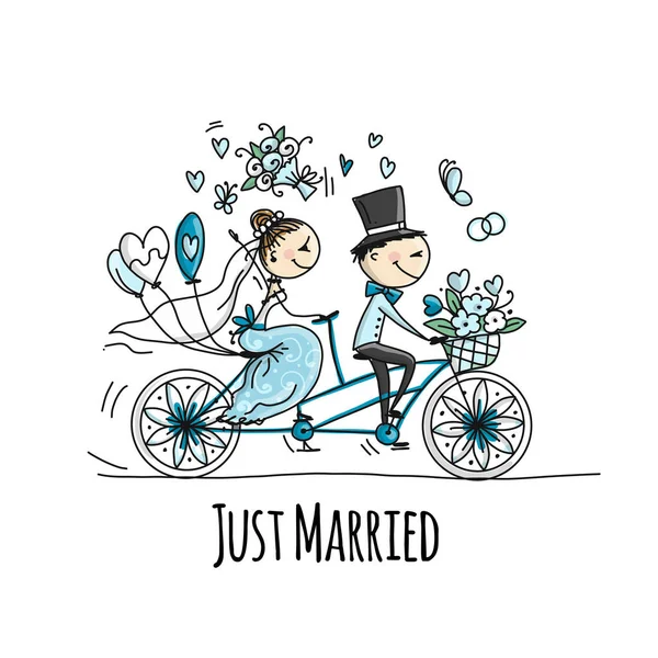 Wedding card design. Bride and groom riding on bicycle — Stock Vector