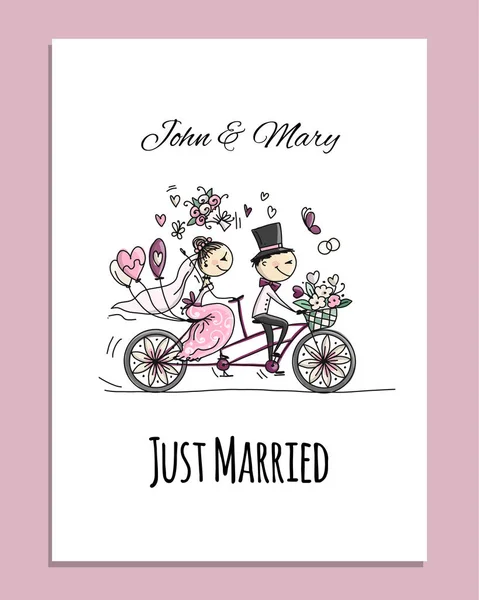 Diseño de tarjetas de boda. Novia y novio montando en bicicleta — Vector de stock