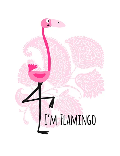 Söt rosa flamingo mot blommig bakgrund, skiss för din design — Stock vektor