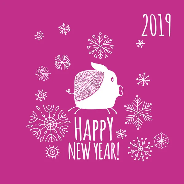 Christmas card with funny pig, symbol of 2019 year for your design — Stock Vector