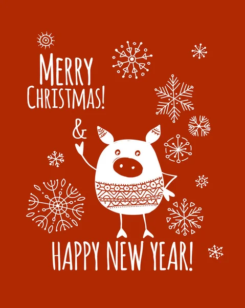 재미 있는 돼지, 디자인에 대 한 2019 년의 상징으로 크리스마스 카드 — 스톡 벡터