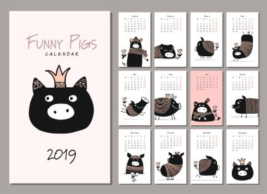 Funny pigs, symbol 2019. Calendar design