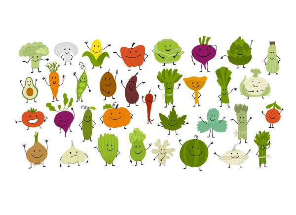 Смешные улыбающиеся овощи и зелень, персонажи для вашего дизайна — стоковый вектор