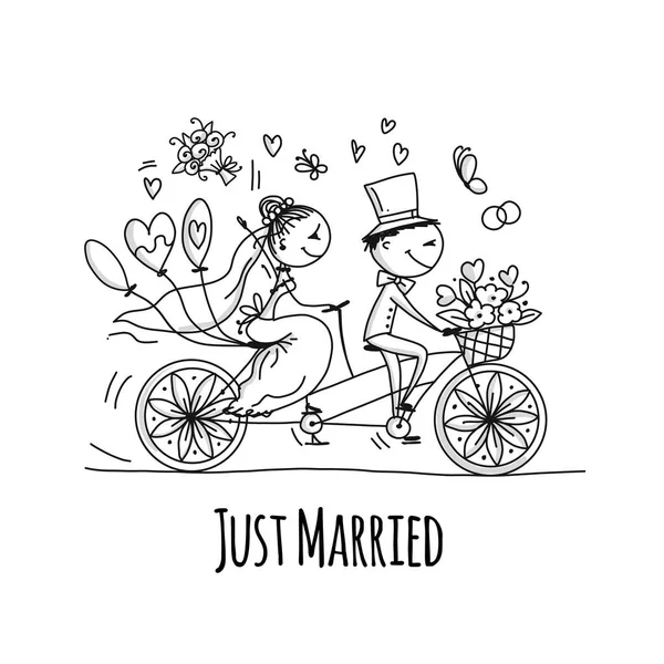 Wedding card design. Bride and groom riding on bicycle — Stock Vector