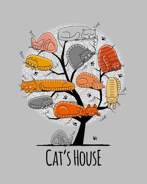 Baum mit schlafenden Katzen, Skizze für Ihre Gestaltung — Stockvektor