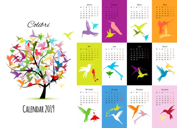 Colibri, calendario 2019 design — Vettoriale Stock