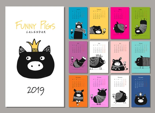 Cerdos divertidos, símbolo 2019. Diseño del calendario — Archivo Imágenes Vectoriales