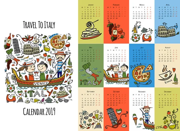 Travel to Italy, calendar 2019 design — Stock Vector