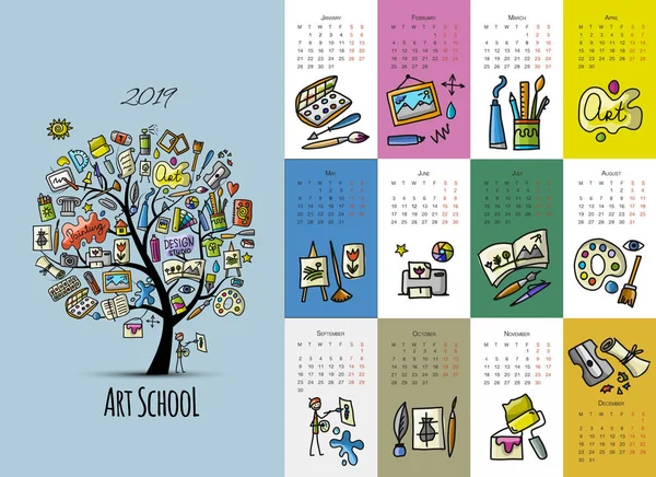 Escuela de arte, calendario 2019 design — Vector de stock