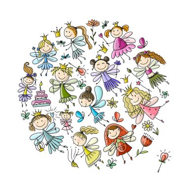 Sevimli küçük periler koleksiyonu, kroki tasarımınız için. Vektör çizim