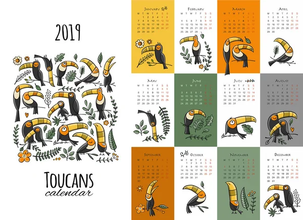 Toucans, calendário 2019 design — Vetor de Stock