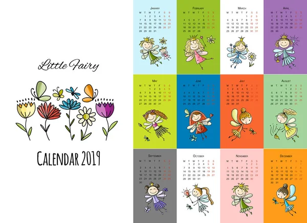 Pequenas fadas, calendário 2019 design — Vetor de Stock