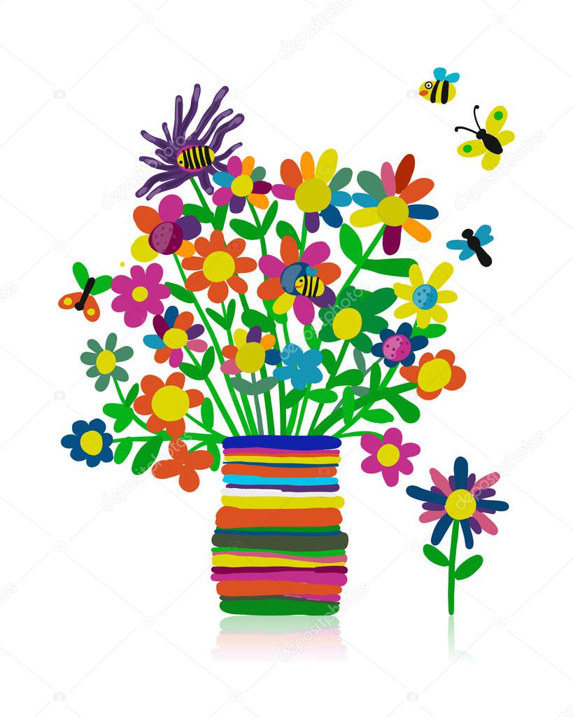 Floral bouquet in vase, plasticine sketch for your design. Vector illustration