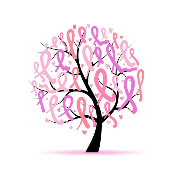 带粉红色丝带的树, 乳癌意识符号 — 图库矢量图片