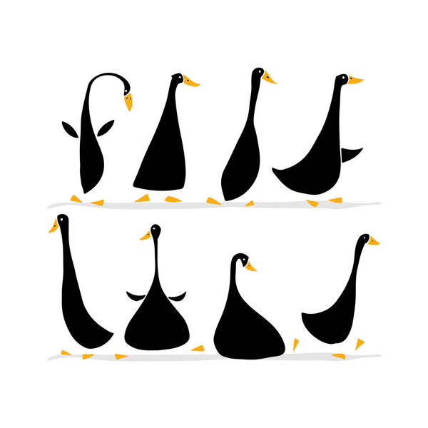 Забавный набор гусей, набросок для твоего дизайна. Векторная иллюстрация
