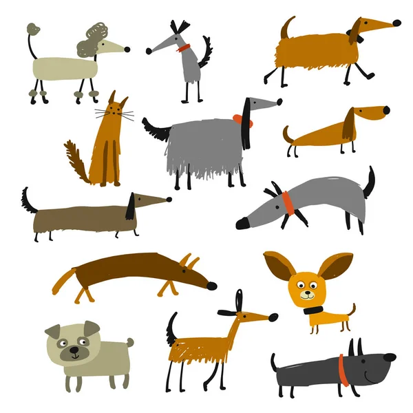 Colección de perros divertidos, boceto para su diseño — Vector de stock