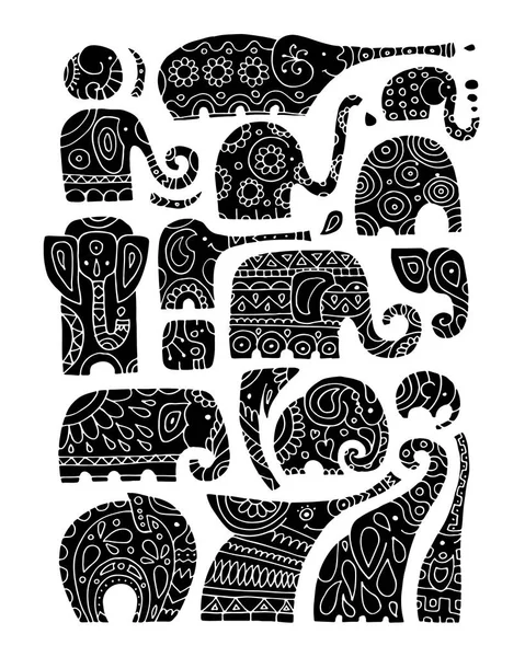 Ornate elephant collection, sketch for your design — Stock Vector