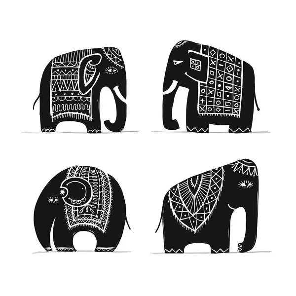 Lindo conjunto de elefantes, boceto para su diseño — Archivo Imágenes Vectoriales