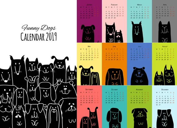 Cani divertenti, calendario 2019 design — Vettoriale Stock