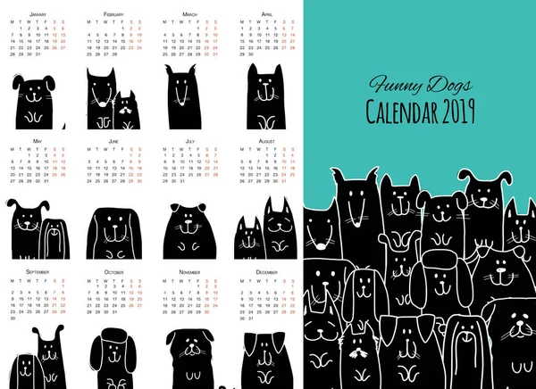 Cães engraçados, calendário 2019 design — Vetor de Stock
