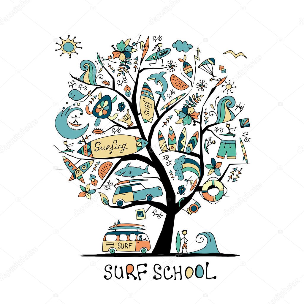 Art tree with surfing design elements. Surf school