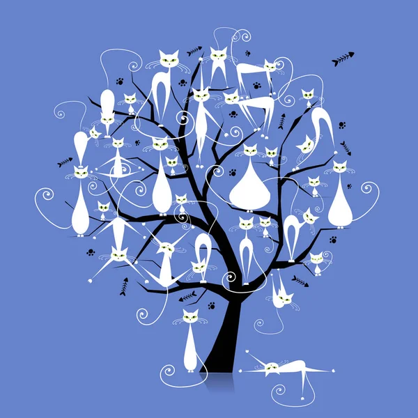 Chat blanc sur branches d'arbres, silhouette pour votre design — Image vectorielle