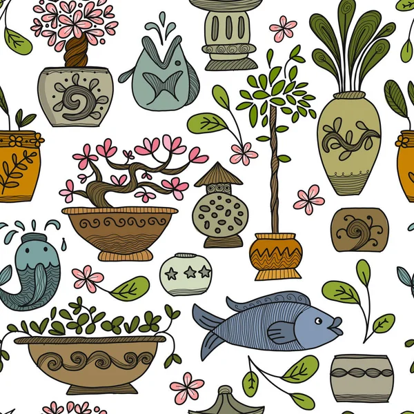 Asiatisk trädgård med växter i keramiska krukor, sömlösa mönster för din design — Stock vektor