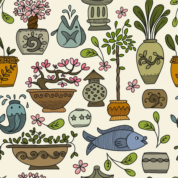 Asiatischer Garten mit Pflanzen in Keramiktöpfen, nahtloses Muster für Ihr Design — Stockvektor