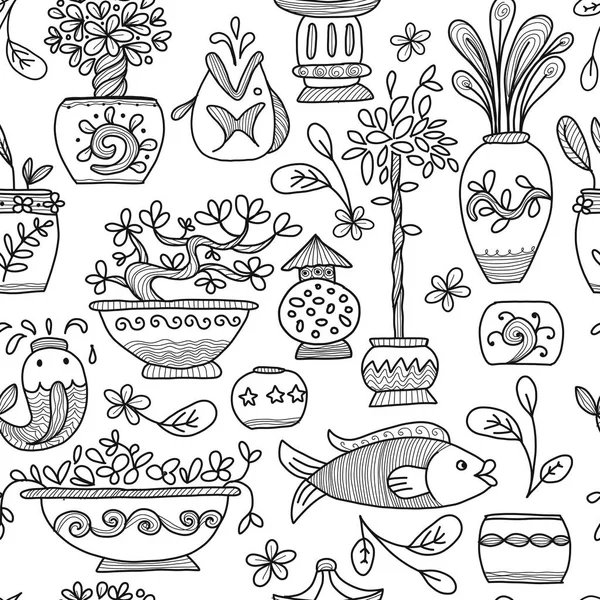 Kebun Asia dengan tanaman dalam pot keramik, pola mulus untuk desain Anda - Stok Vektor