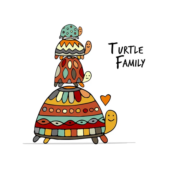 Lustige Familie, Schildkröte mit Kindern, Skizze für Ihr Design — Stockvektor