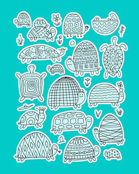 Colección de tortugas divertidas, boceto para su diseño — Vector de stock